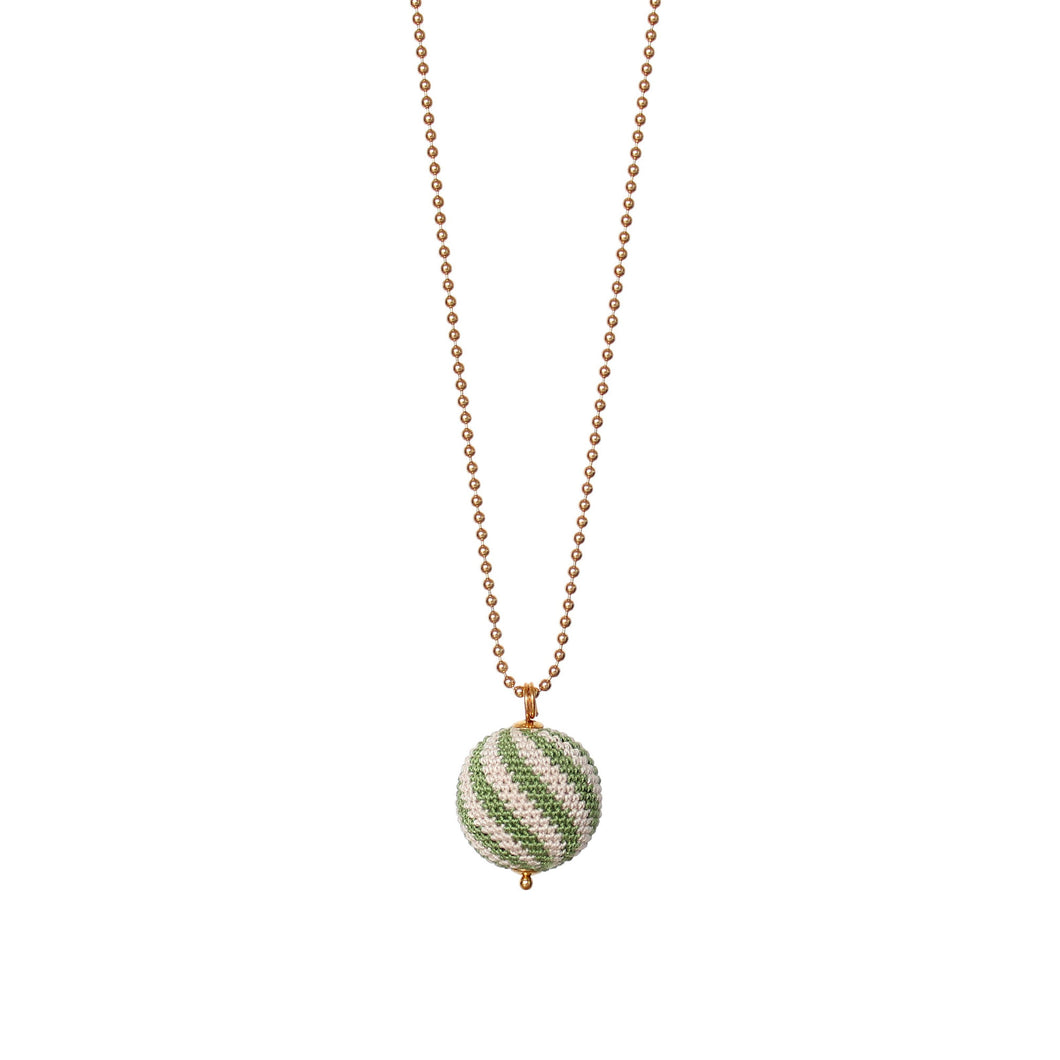 We love, sustainable jewellery. Stripe Necklace, moss/beige, gold chain. 